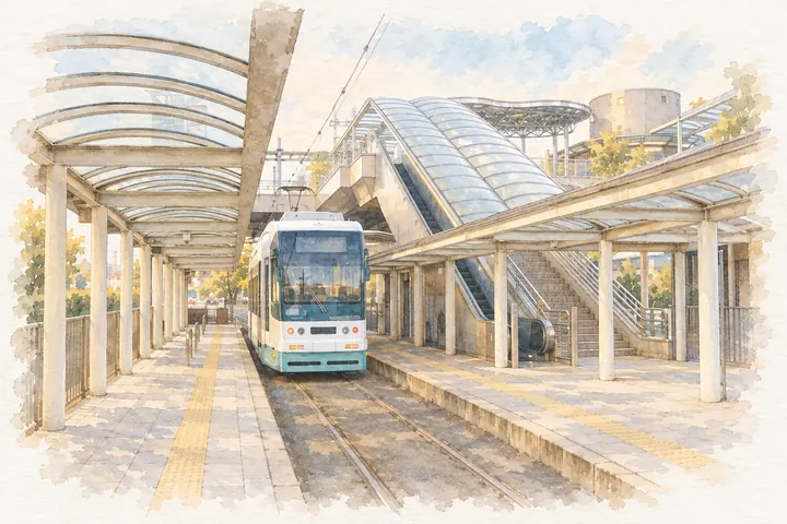 豊橋駅前の電停と路面電車（水彩のイラスト）